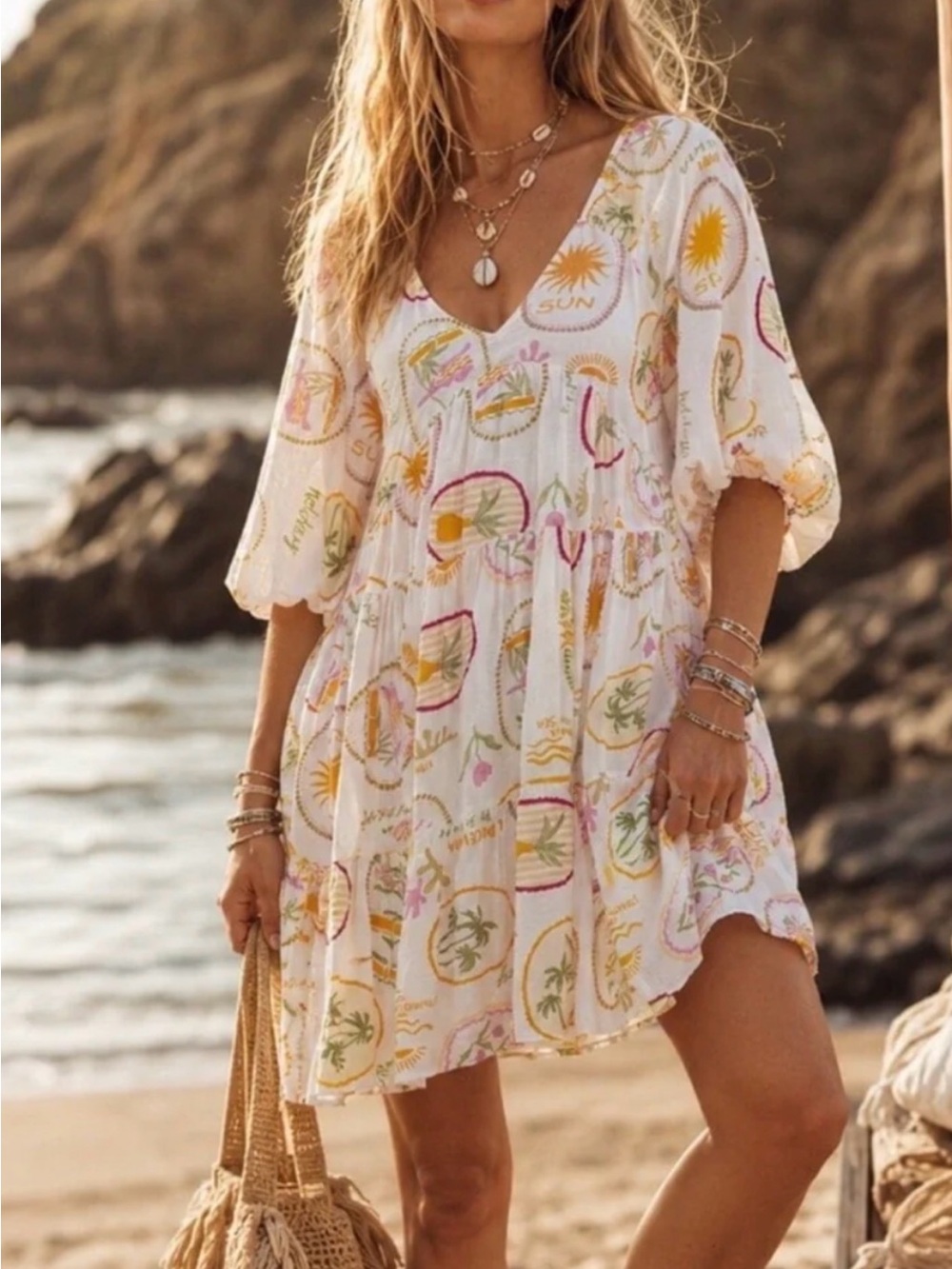 White Beachy V-Neck Printed Mini Dress
